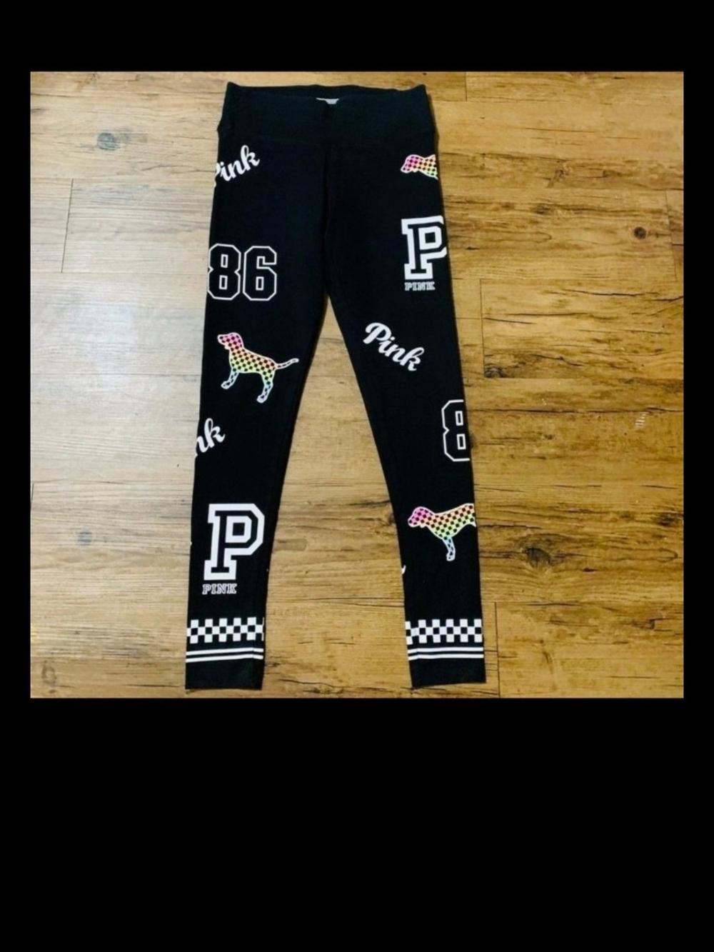 ISO PINK Victoria's Secret Black Leggings with Rainbow Dog & White Logos